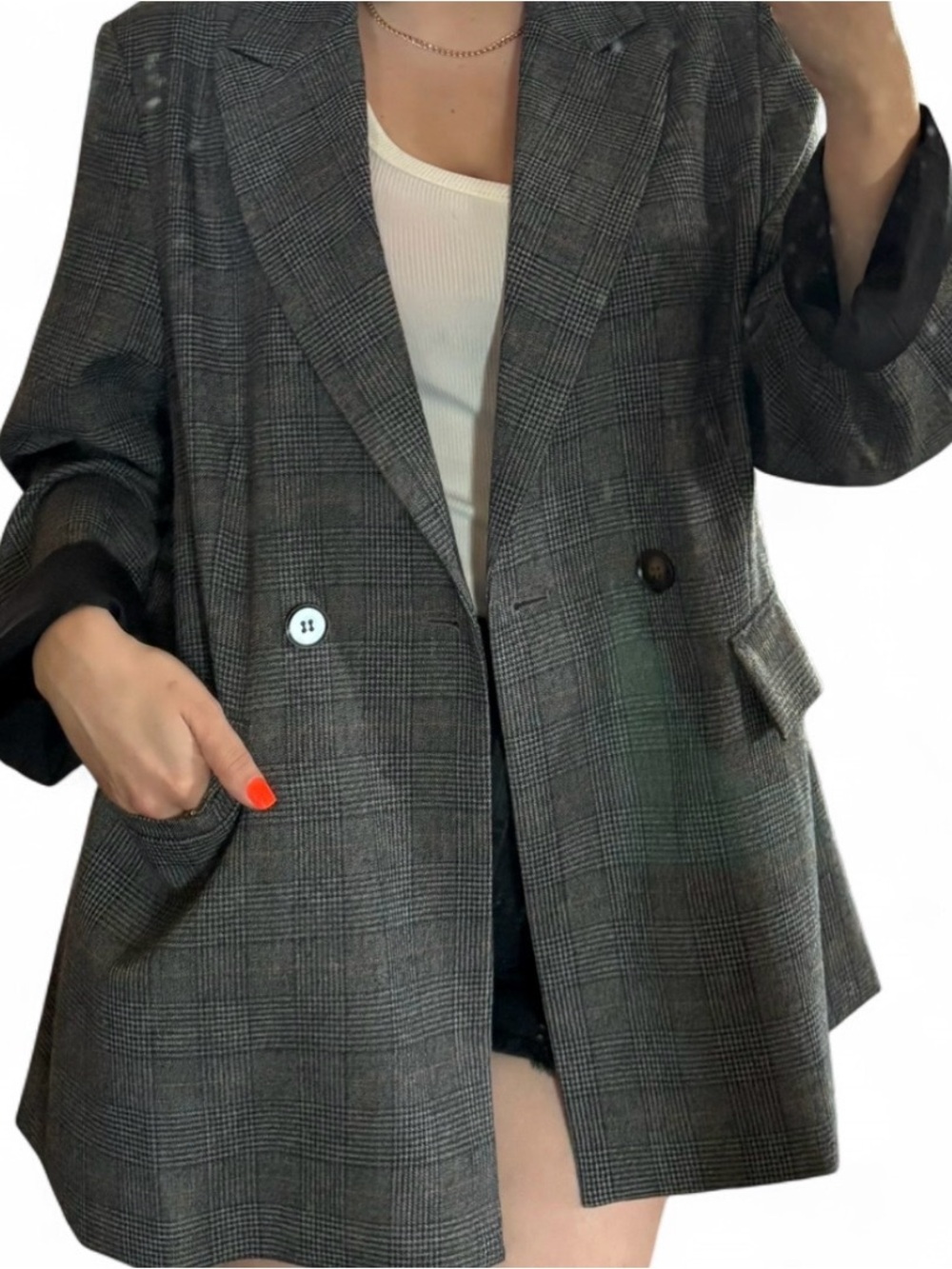Oversized Gray Plaid Double-Breasted Blazer Jacket